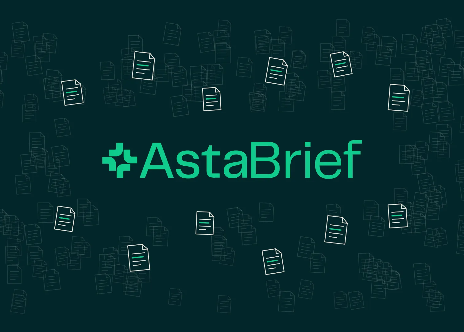 Ai2's graphic for AstaBrief: the model's name in green letters on a dark background scattered with outlined document icons, a few of them highlighted.