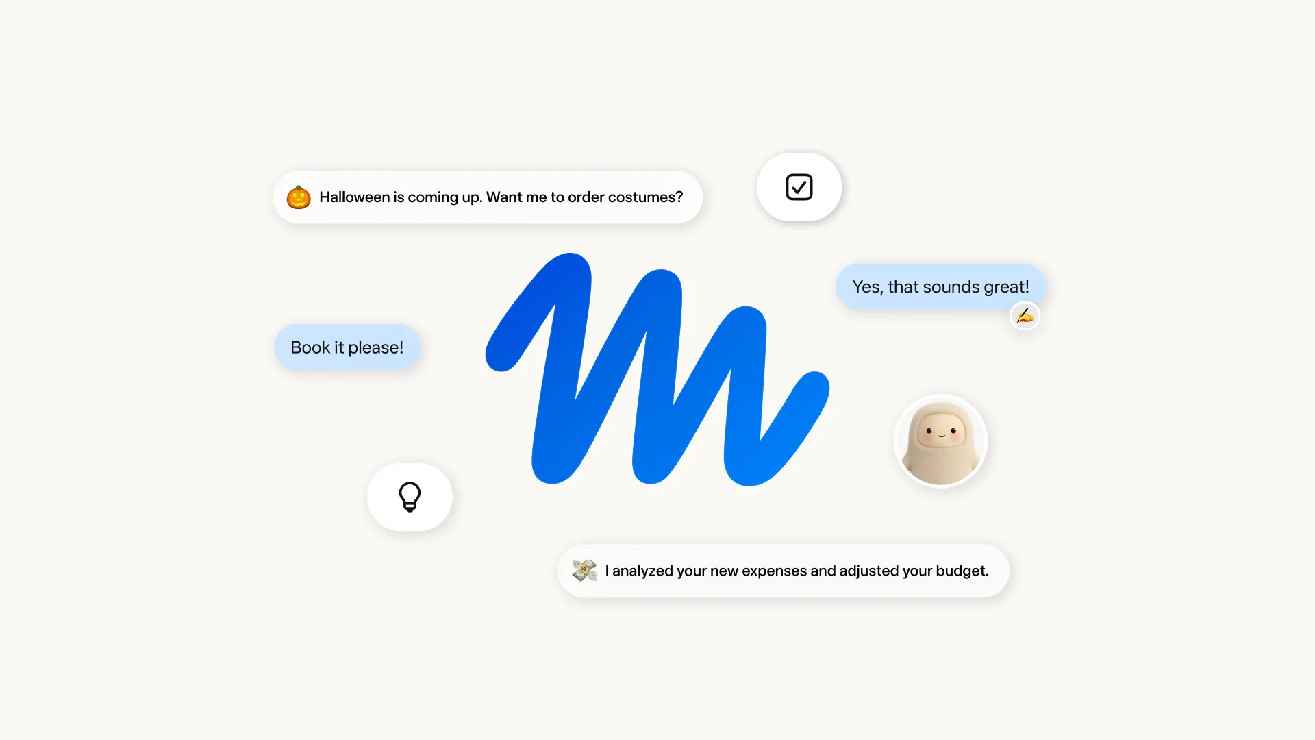 The blue Muse wordmark on a cream background, ringed by chat bubbles in which the agent offers to order Halloween costumes and reports that it has adjusted a budget.
