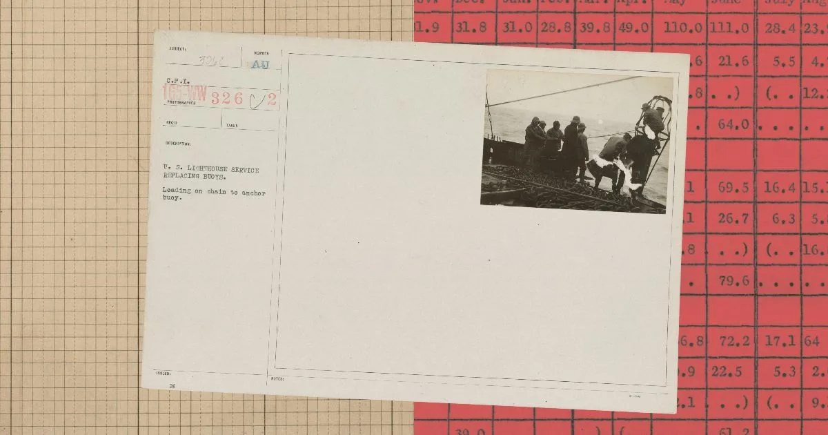 An archival index card with a typed caption and a black-and-white photograph of workers on a ship's deck handling a buoy and its anchor chain, laid over beige graph paper and a red table of figures.