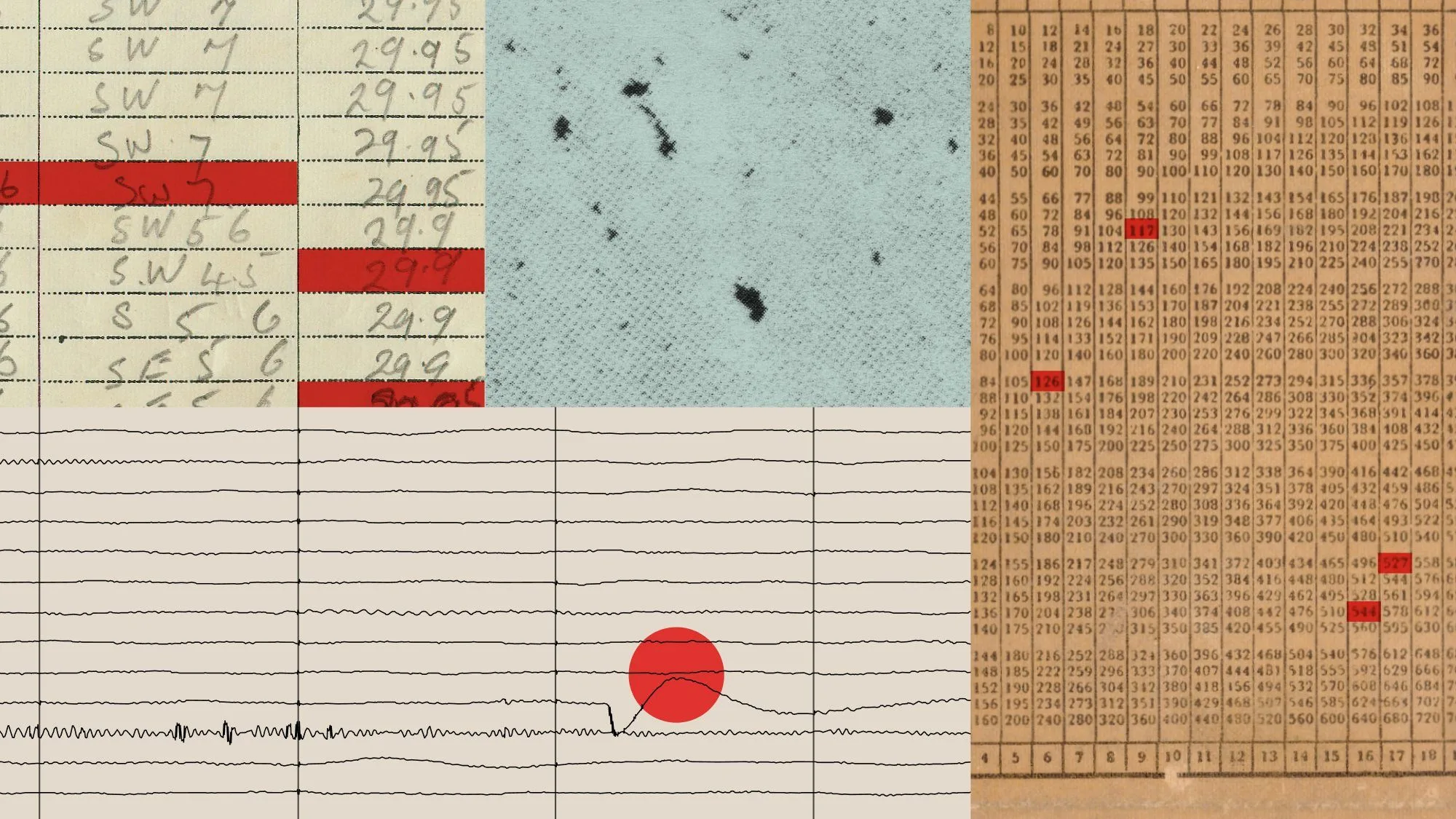 A collage of archival records: handwritten weather readings with red highlights, a printed number table with red cells, and a seismograph-like trace marked by a red circle.