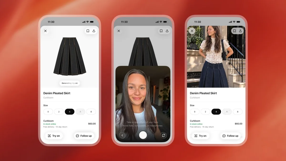 Tri ekrana telefona iz OpenAI-jeve demonstracije probanja u ChatGPT-ju: stranica proizvoda s teksas suknjom na falte i dugmetom Try on, snimanje selfija kamerom i generisana slika iste žene u toj suknji.