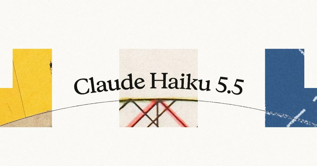 The words Claude Haiku 5.5 in black serif type on an off-white background, between three torn paper fragments in yellow, beige, and blue, with a thin black arc running beneath the name.