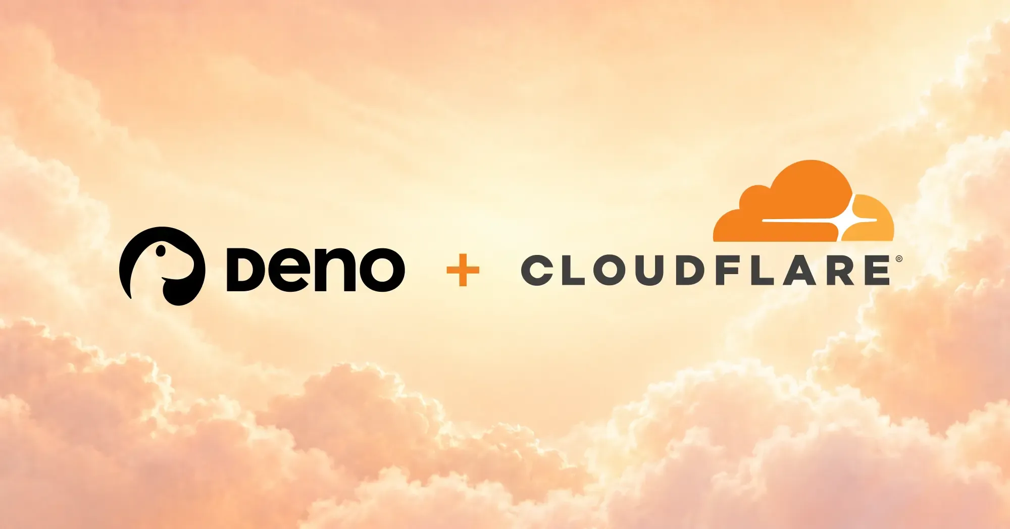 The Deno and Cloudflare logos joined by a plus sign, over a sky of peach-colored clouds.
