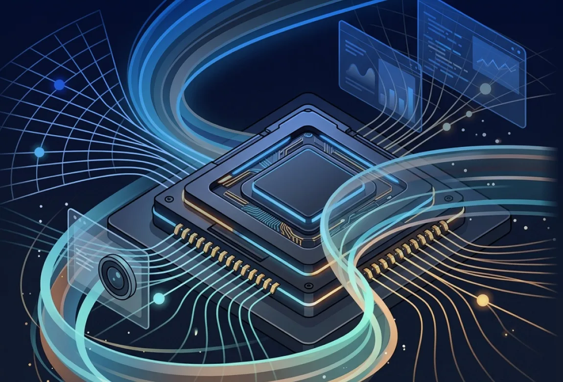 Illustration of a processor chip on a dark blue background, wrapped in glowing blue and orange data streams, with a camera lens and floating chart panels around it.