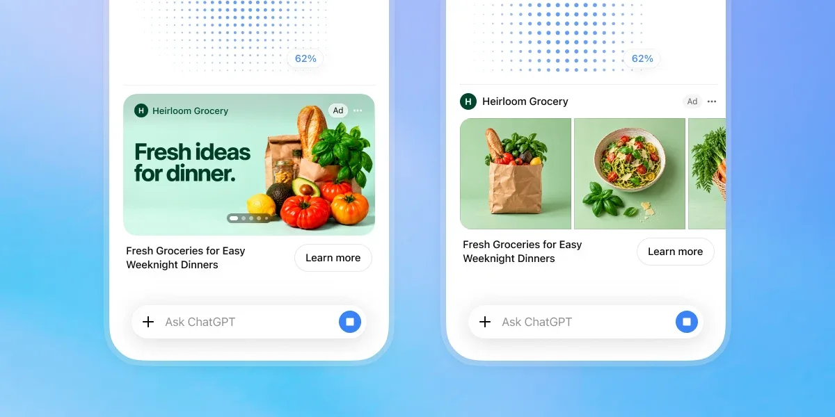 OpenAI-jev prikaz dva ekrana ChatGPT-ja na telefonu tokom generisanja slike, s napretkom od 62 odsto: ispod je oglas s oznakom Ad izmišljene prodavnice Heirloom Grocery, s fotografijama hrane, tekstom Fresh Groceries for Easy Weeknight Dinners i dugmetom Learn more.