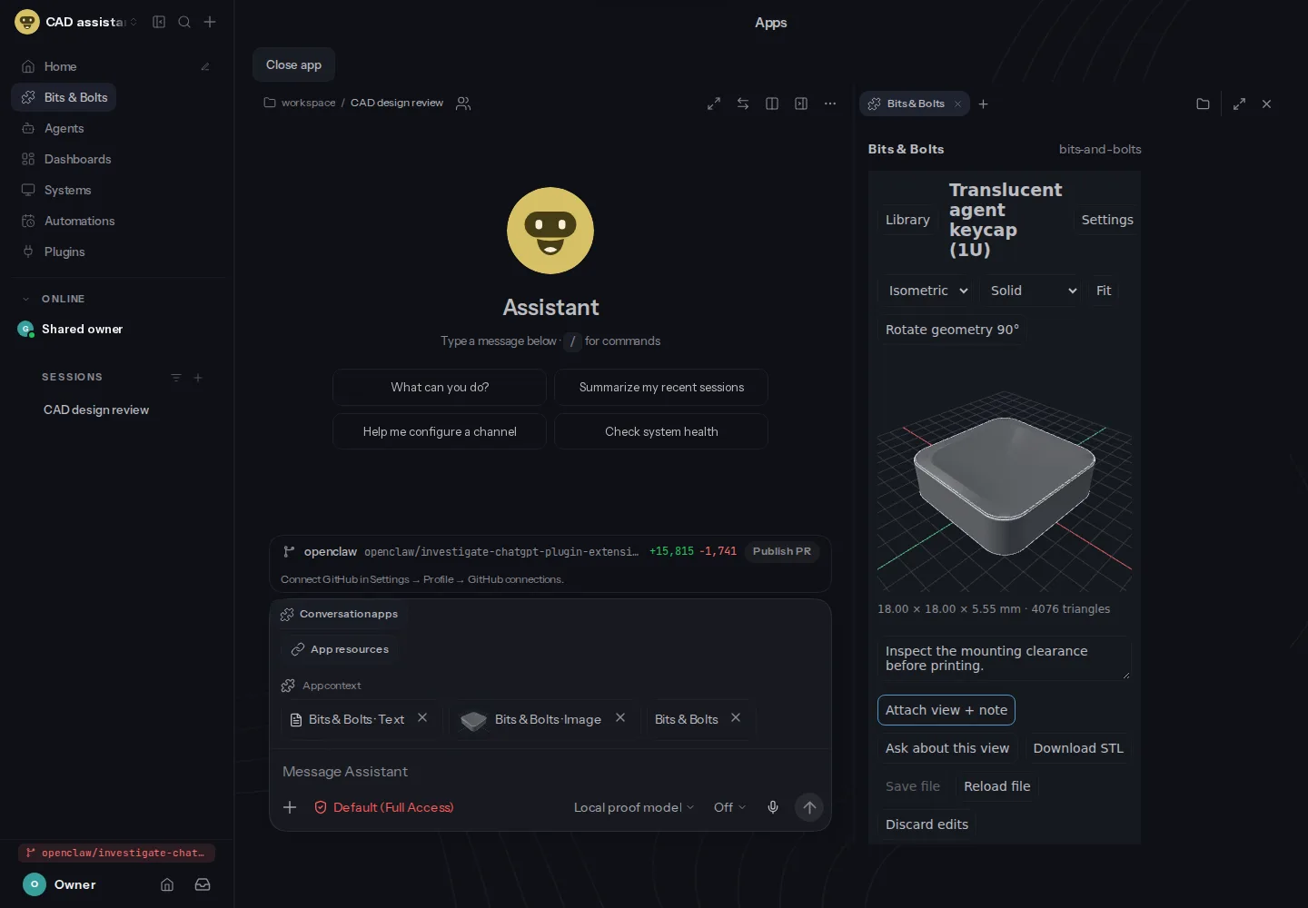 The OpenClaw web interface with a conversation on the left and the Bits & Bolts reference MCP app open beside it, showing a 3D keycap model and an Attach view + note button.