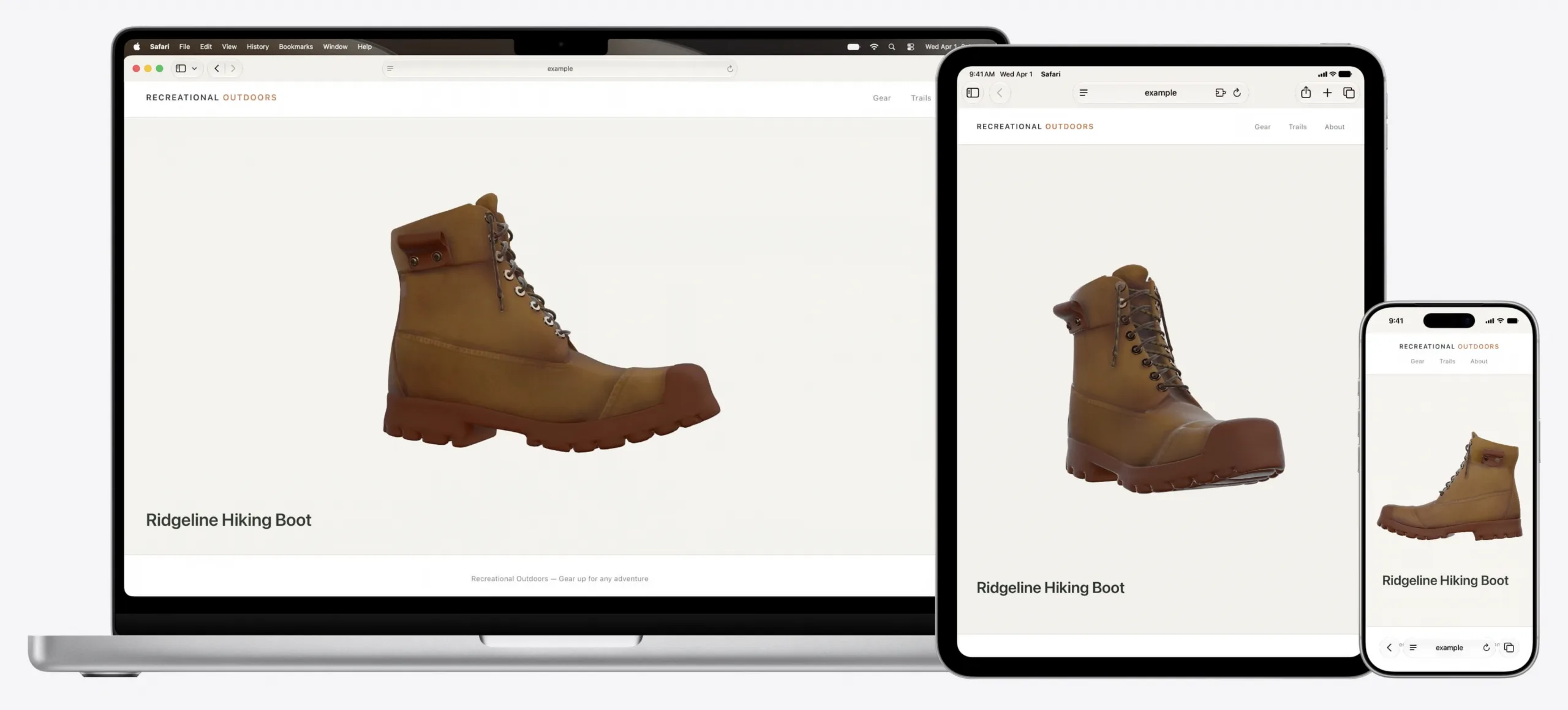 An iPad, desktop, and an iPhone each displaying a browser showing an image of a 3D hiking boot model.