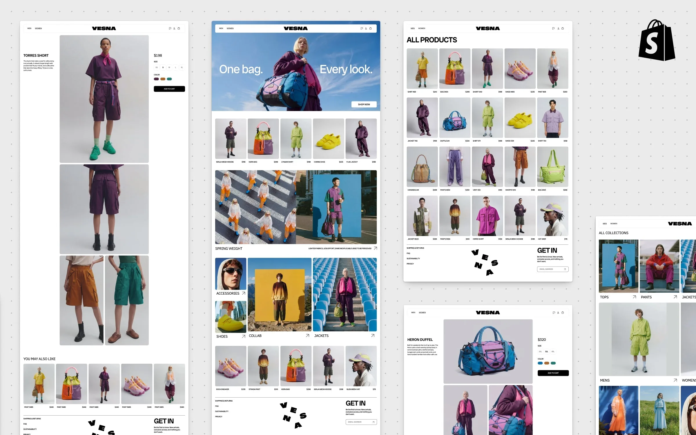 Several pages of a demo clothing store called Vesna laid out side by side on a dotted canvas: a product page, the home page with the slogan One bag. Every look., a product grid, and a collections page, with the Shopify logo in the top right corner.