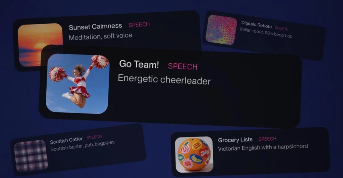 Suno's promotional graphic for Speech: five dark cards with sample prompts, among them Go Team! with an energetic cheerleader, Sunset Calmness with a soft meditation voice, and Grocery Lists in Victorian English with a harpsichord.