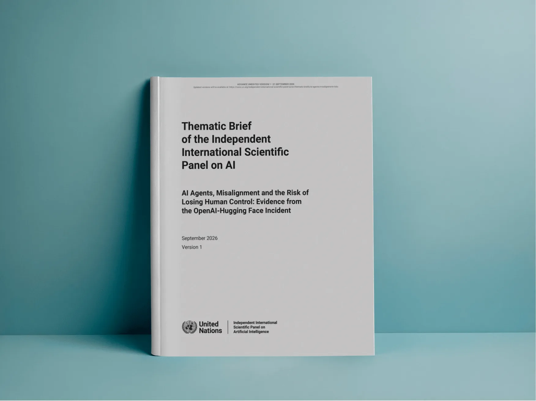 The printed cover of the panel's thematic brief propped against a teal wall, carrying its title on AI agents, misalignment and the risk of losing human control.